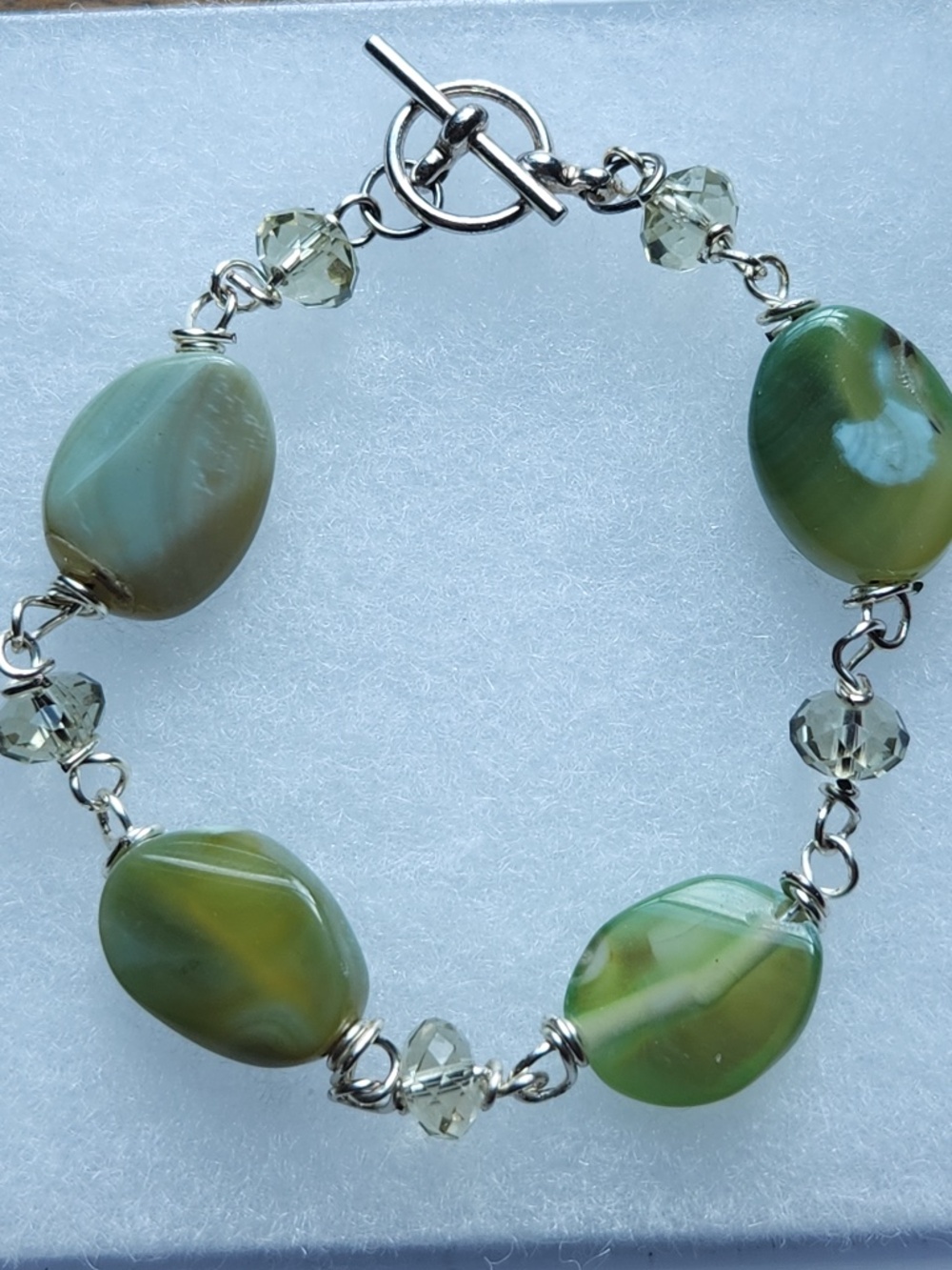 Silver Tone Toggle Bracelet Green Agate and Translucent Beads. 8' in Length